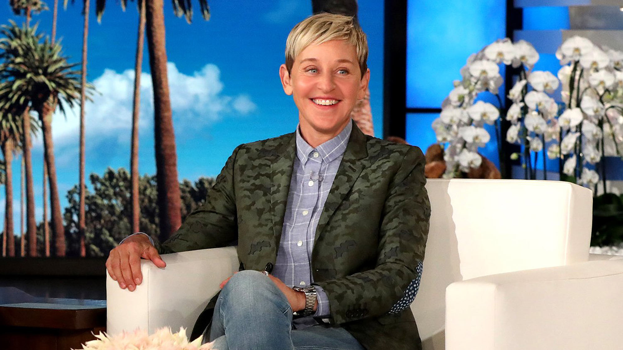 Ellen DeGeneres in her chair, hosting The Ellen DeGeneres Show