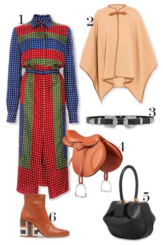 Bohemian-style clothes: (1) long polka-dot dress, (2) brown cape, (3) black leather belt with silver buckle, (4) brown saddle, (5) black leather bag, (6) brown leather boots