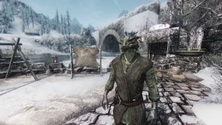 Best Skyrim Mods — a male Argonian stands outside Winterhold