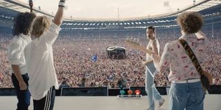 Queen on stage at Live Aid in Bohemian Rhapsody