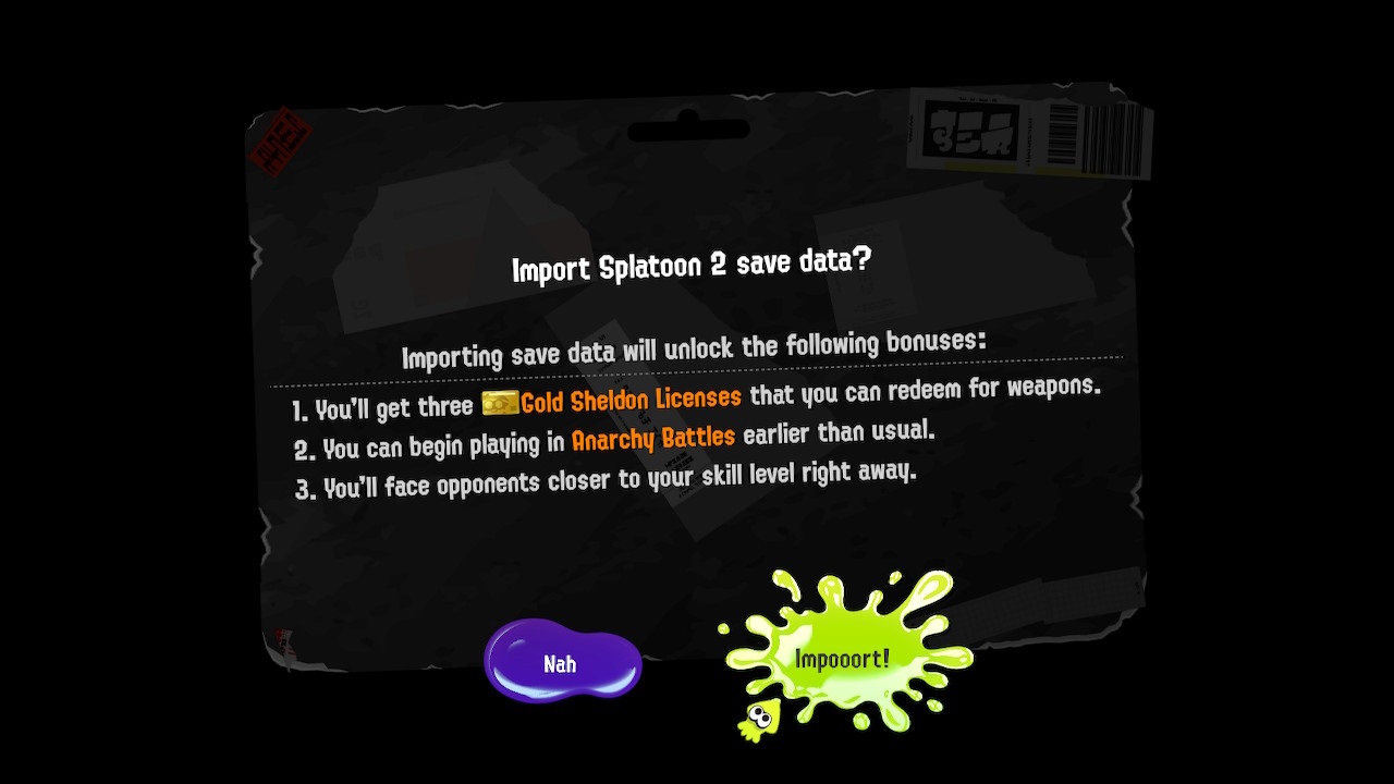 Splatoon 3 Impor Simpan Data konfirmasi