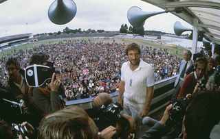 Ian Botham being interviewed after his historic performance in the third Test against Australia at Headingley, 21st July 1981. Botham hit an innings of 149 not out and took seven Australian wickets to help England win by 18 runs. (Photo by Adrian Murrell/Getty Images)