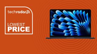 The MacBook Air 13-inch (M4) on an orange background with text saying Lowest Price.