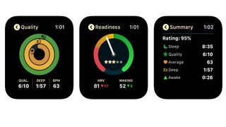 AutoSleep Trackerin kolme eri näkymää yöunen analyysistä