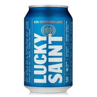 Lucky Saint beer in a can, one of the best low calorie non-alcoholic drinks in a can