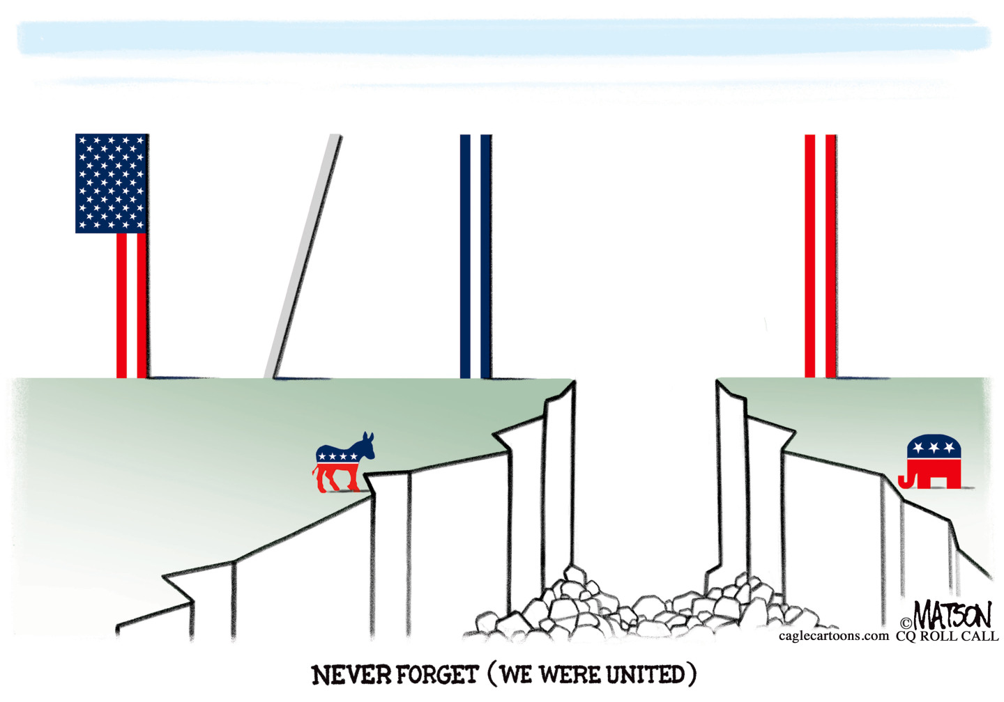 This cartoon is titled &amp;ldquo;Never Forget (We Were United).&amp;rdquo; It depicts a donkey and an elephant on different sides of a large crevasse. The back of the image spells out &amp;ldquo;9/11&amp;rdquo;