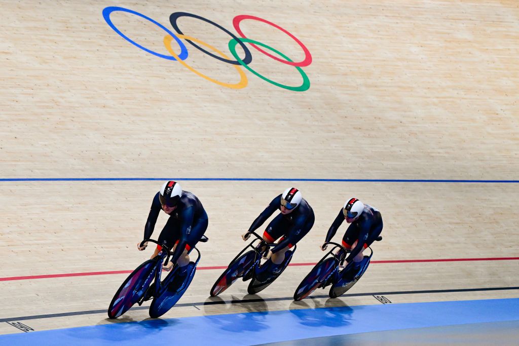 Britain's Katy Marchant, Britain's Sophie Capewell and Britain's Emma Finucane compete in the women's track cycling team sprint first round of the Paris 2024 Olympic Games at the Saint-Quentin-en-Yvelines National Velodrome in Montigny-le-Bretonneux, south-west of Paris, on August 5, 2024. (Photo by John MACDOUGALL / AFP)