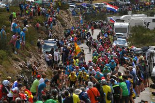 SANTUARIO DEL ACEBO SPAIN SEPTEMBER 08 Robert Gesink of The Netherlands and Team JumboVisma Alejandro Valverde Belmonte of Spain and Movistar Team Nairo Quintana of Colombia and Movistar Team Green Points Jersey Dylan Teuns of Belgium and Team BahrainMerida Gianluca Brambilla of Italy and Team TrekSegafredo Tadej Pogacar of Slovenia and UAE Team Emirates White Best Young Rider Jersey Jakob Fuglsang of Denmark and Astana Pro Team David de la Cruz of Spain and Team Ineos Puerto del Acebo 980m Peloton Landscape Fans Public during the 74th Tour of Spain 2019 Stage 15 a 1544km stage from Tineo to Puerto del Acebo Santuario del Acebo 1200m LaVuelta19 lavuelta on September 08 2019 in Santuario del Acebo Spain Photo by Tim de WaeleGetty Images