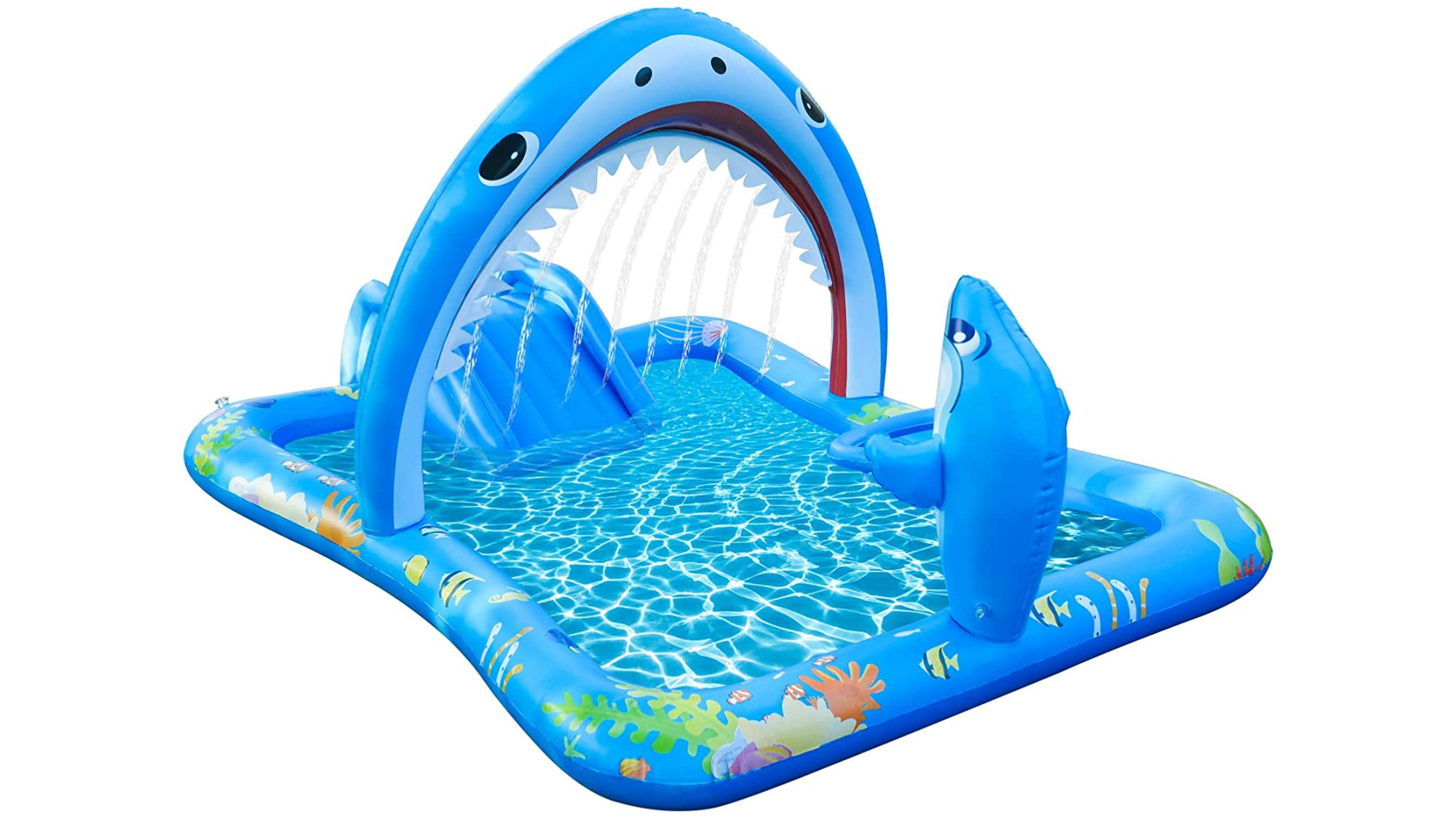 Image of blue inflatable pool with shark sprayers