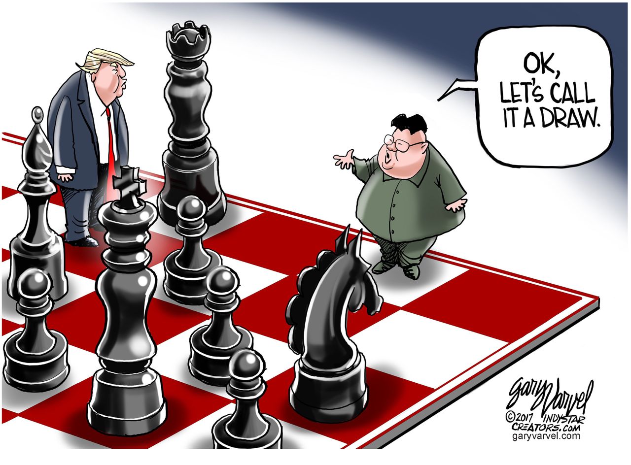 Political cartoon U.S. Trump North Korea Kim Jong-un nuclear threat draw