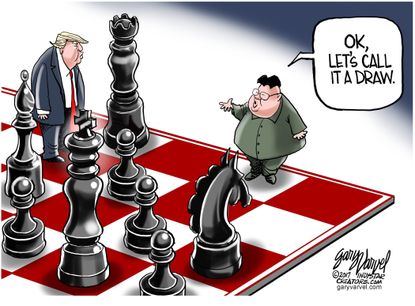 Political cartoon U.S. Trump North Korea Kim Jong-un nuclear threat draw