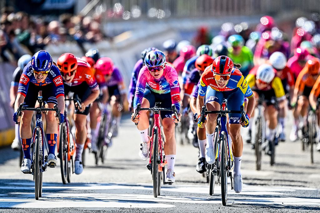 Italy's Elisa Balsamo of Lidl-Trek (R) sprints to victory ahead of Netherlands' Charlotte Kool of Team Picnic PostNL (L) at the finish line at the women's race of the 113th edition of the 'Scheldeprijs' one day cycling event, 202,8 km from Terneuzen, the Netherlands to Schoten, Belgium on April 9, 2025. (Photo by ERIC LALMAND / Belga / AFP) / Belgium OUT