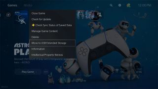 A PlayStation 5 interface screenshot including the 'move to USB extended storage' option