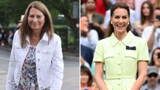Composite of a picture of Carole Middleton arriving at Wimbledon in 2022 wearing a floral dress and white jacket and a picture of Kate Middleton at Wimbledon in 2023 wearing a lime green dress