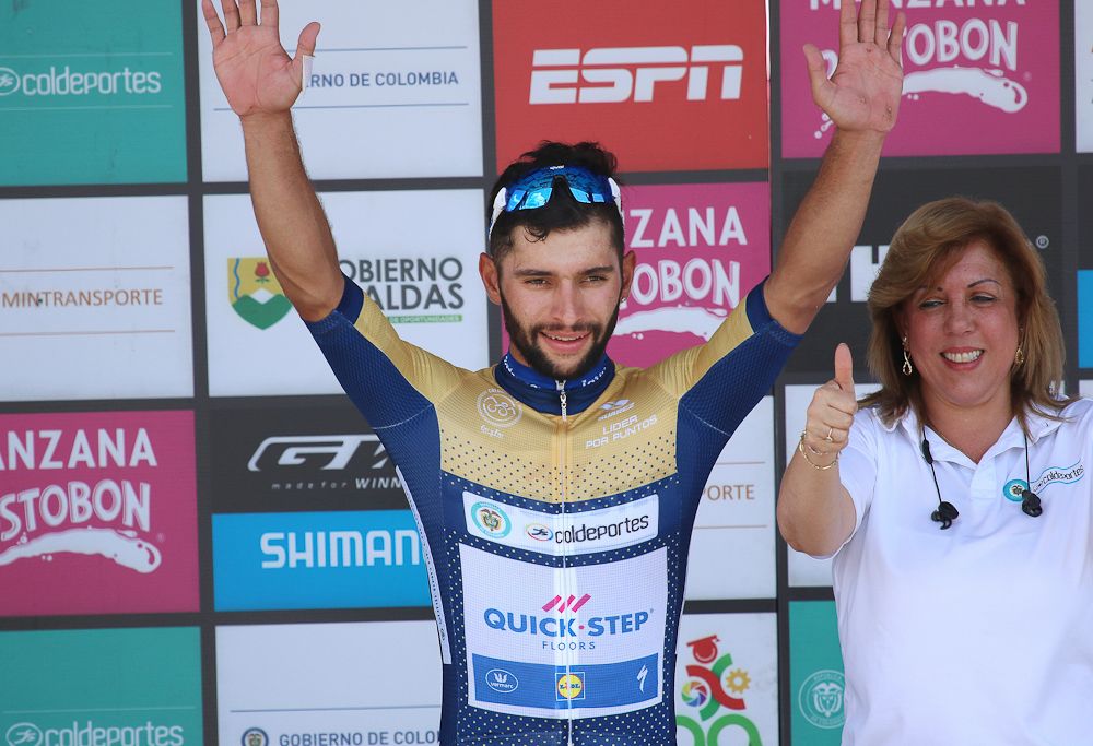 Fernando Gaviria (Quick-Step Floors) on the stage 3 podium at Colombia Oro y Paz