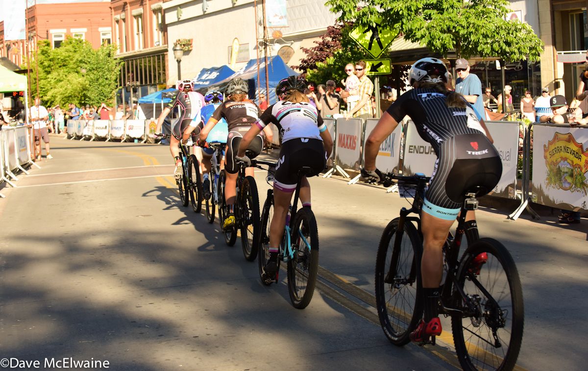 Rose Grant (Stans NoTubes) pulls the leaders down Main Street
