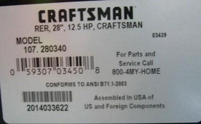 Craftsman riding mower tag.