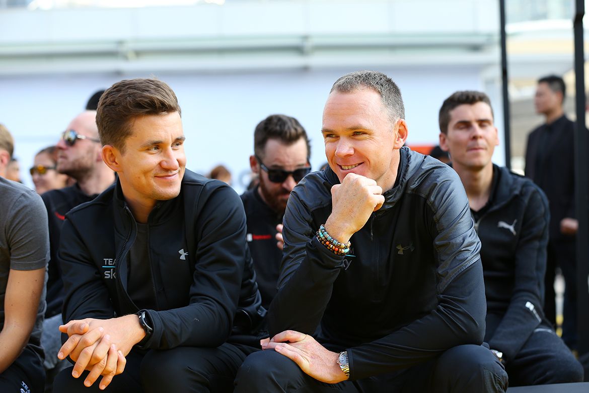 Michal Kwiatkowski and Chris Froome sit next to each other