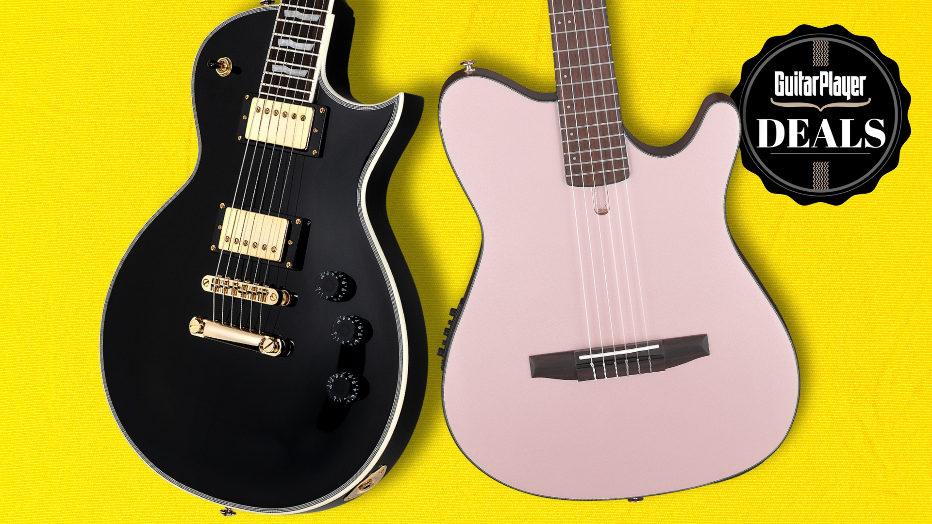 An ESP electric guitar and Ibanez electro-classical guitar on a yellow background