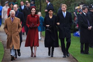 Prince Harry and Meghan Markle walk with Kate Middleton and Prince Charles from church at Sandringham