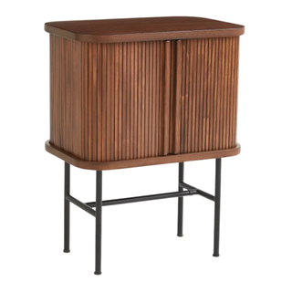 A wooden sliding-door end table in brown and black