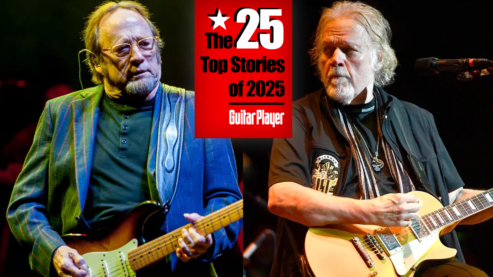 LEFT: Stephen Stills and (cropped out) Graham Nash of Crosby Stills and Nash perform at Eventim Apollo on September 12, 2015 in London, England. RIGHT: Randy Bachman, co founder of the classic rock band's Guess Who and Bachman-Turner Overdrive, performs onstage at The Canyon Club on July 22, 2018 in Santa Clarita, California. 
