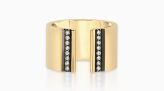 Nancy newberg taps ring is a large gold band with black trim and diamond stones parallel from one edge to the other.