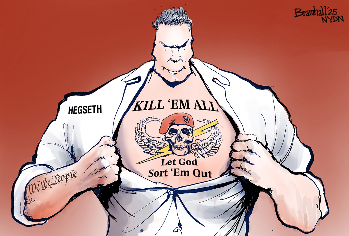 An angry-looking and muscular Pete Hegseth pulls back his shirt to reveal a tattoo. It has a skull with a lightning bolt through it and reads, &amp;ldquo;Kill &amp;lsquo;em all. Let God Sort &amp;lsquo;Em Out.&amp;rdquo;