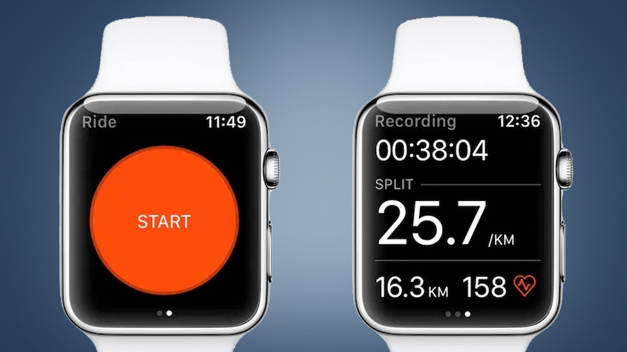 Two Apple Watches on a blue background displaying the Strava app