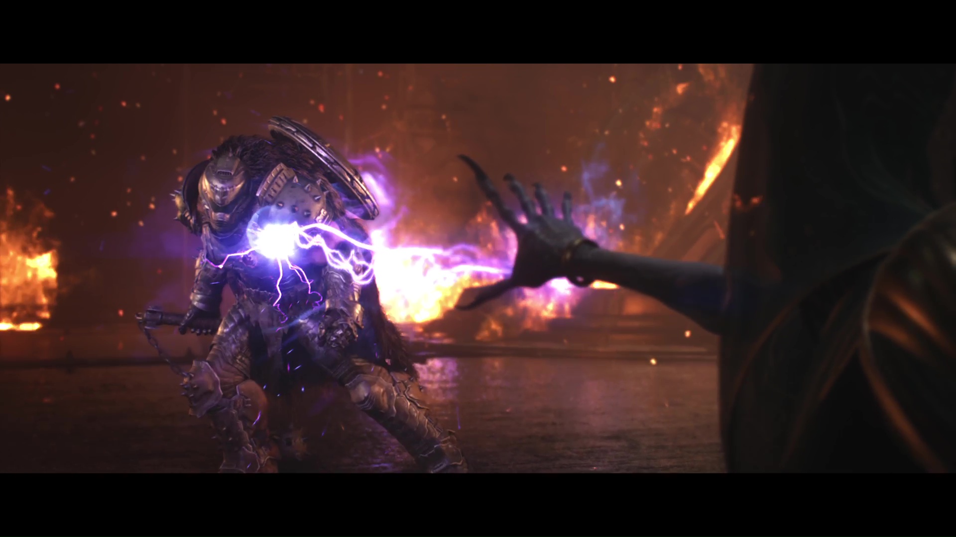 The Witch zaps the Doom Slayer with blue lightning in Doom The Dark Ages