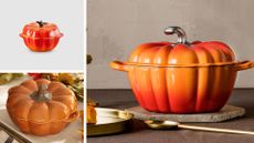 The Le Creuset Cast Iron Pumpkin Casserole and two affordable lookalikes on a collage background.