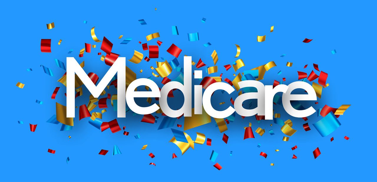 Medicare sign over colorful cut out foil ribbon confetti background