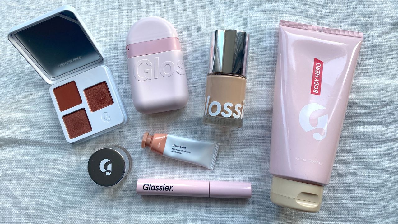 Flatlay of some of the best Glossier products included in this guide