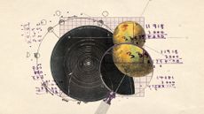Illustrative collage of vintage Solar System depictions, calculations, and a planet under a magnifying glass