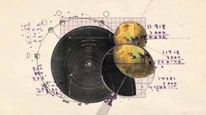 Illustrative collage of vintage Solar System depictions, calculations, and a planet under a magnifying glass