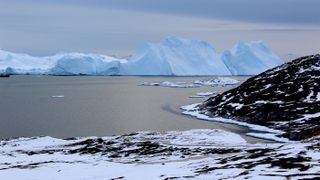 Icebergs near Greenland form from ice that has broken off--or calved--from glaciers on the island. 