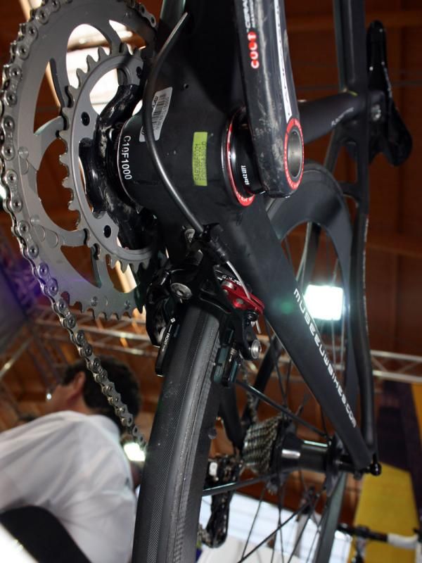 The rear brake is tucked beneath the chain stays on the new Museeuw MF-XX.