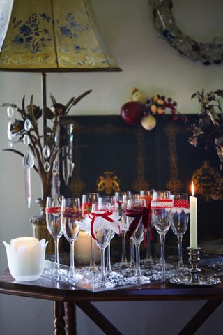 Champagne glasses with ribbons in a Cumbrian farmhouse