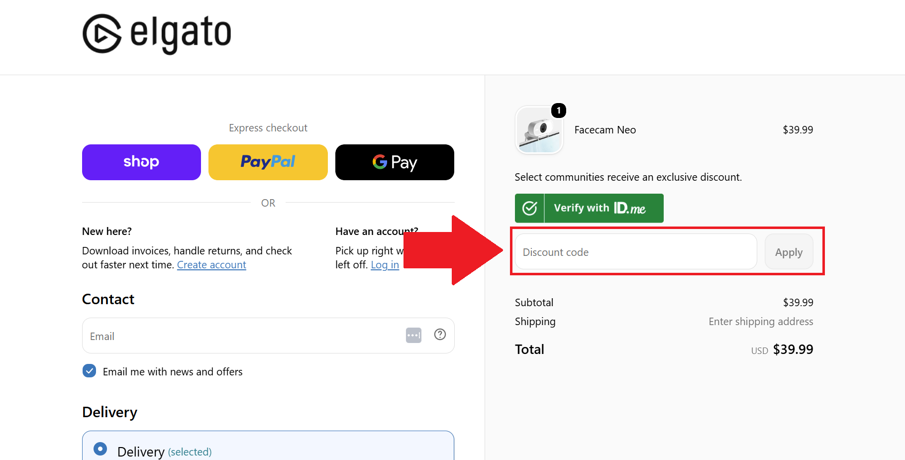 A screenshot of the elgato checkout page showing where to enter an elgato promo code