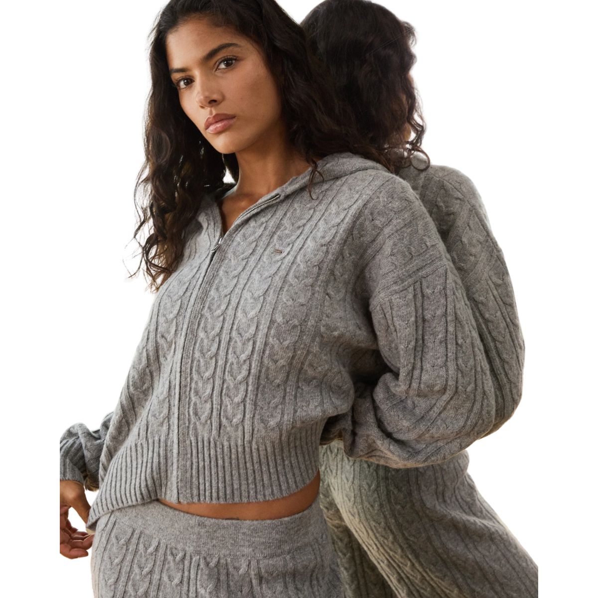 Cable Knit Zip Hoodie - Dark Grey Melange