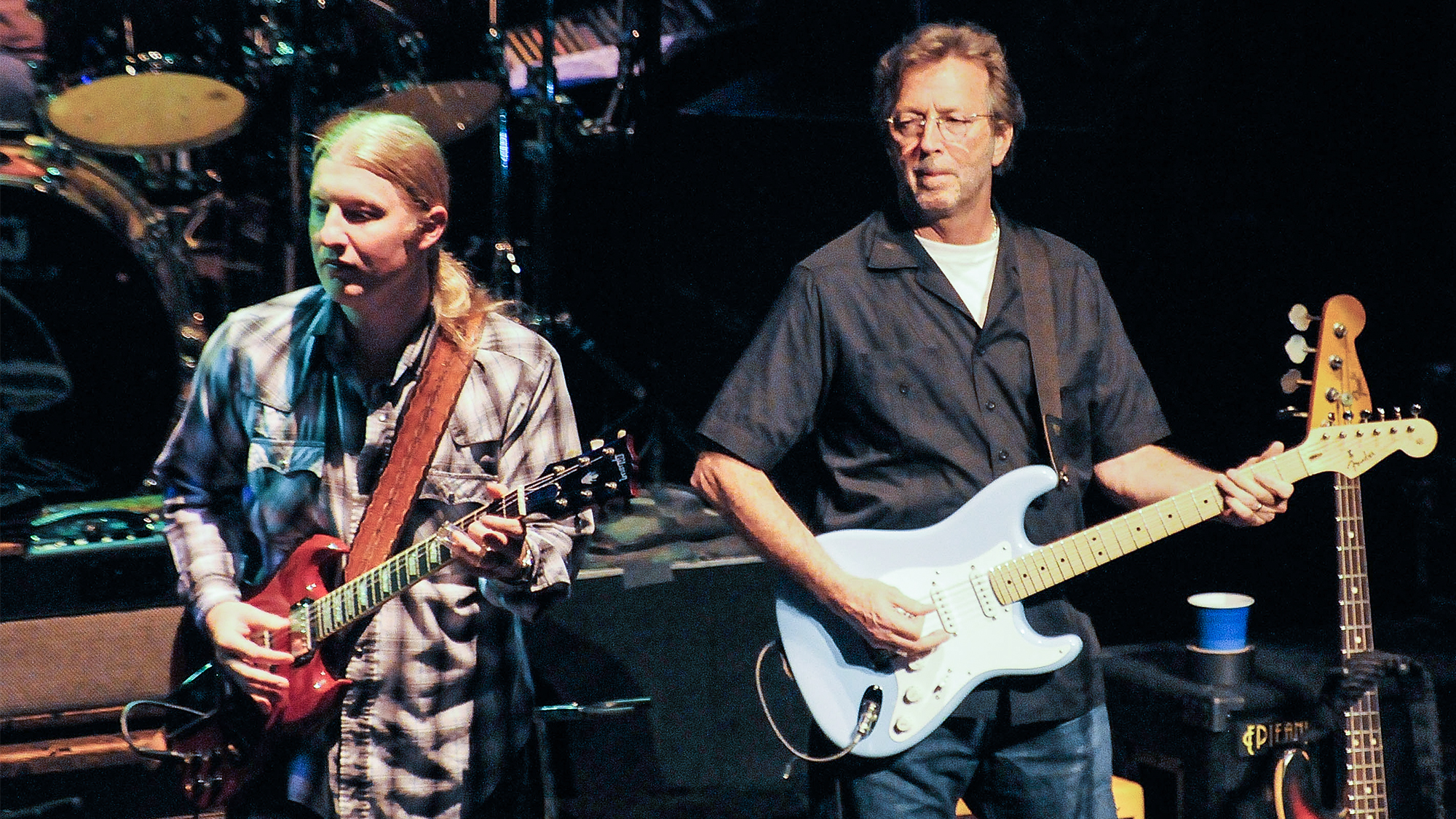 Derek Trucks (L) of The Allman Brothers Band, and Eric Clapton perform in concert at the Beacon Theater on March 19, 2009 in New York City.