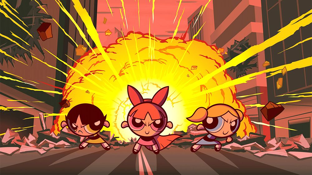 The Powerpuff Girls in front of an explosion.