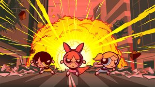 The Powerpuff Girls in front of an explosion.