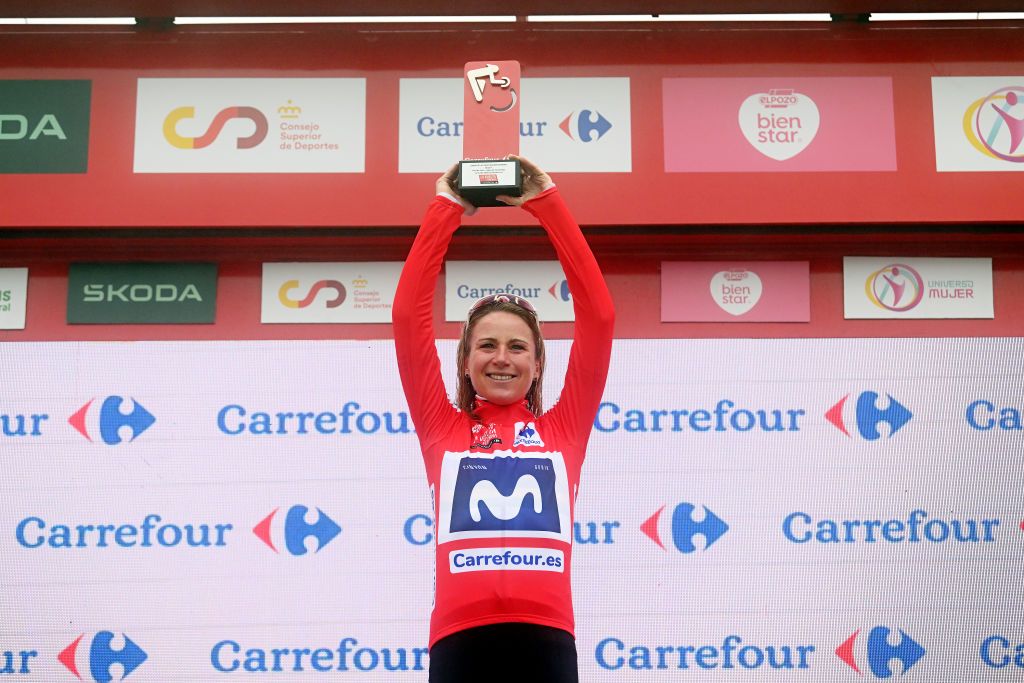 LAGOS DE COVADONGA SPAIN MAY 07 Annemiek Van Vleuten of The Netherlands and Movistar Team celebrates at podium as Red Leader Jersey winner during the 9th La Vuelta Femenina 2023 Stage 7 a 937km stage from Pola de Siero to Lagos de Covadonga 1079m UCIWWT on May 07 2023 in Lagos de Covadonga Spain Photo by Dario BelingheriGetty Images