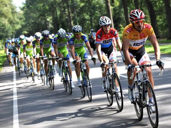 Cancellara followed by teammate Andy Schleck and the Liquigas boys.