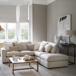 neutral living room with fabric corner sofa, a coffee table with tea tray and art on the walls