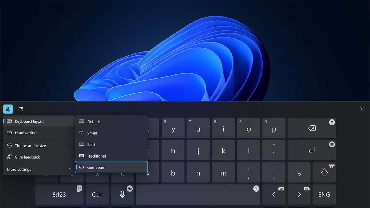 Screenshot of the new Windows gamepad mode keyboard menu with controller button assignments.
