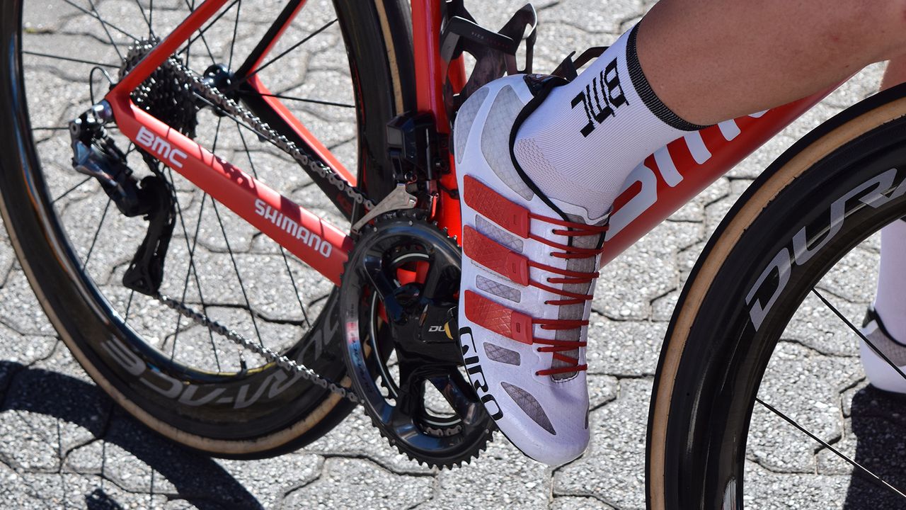 Rohan Dennis wears Giro Techlace Prolight shoes in custom BMC colours