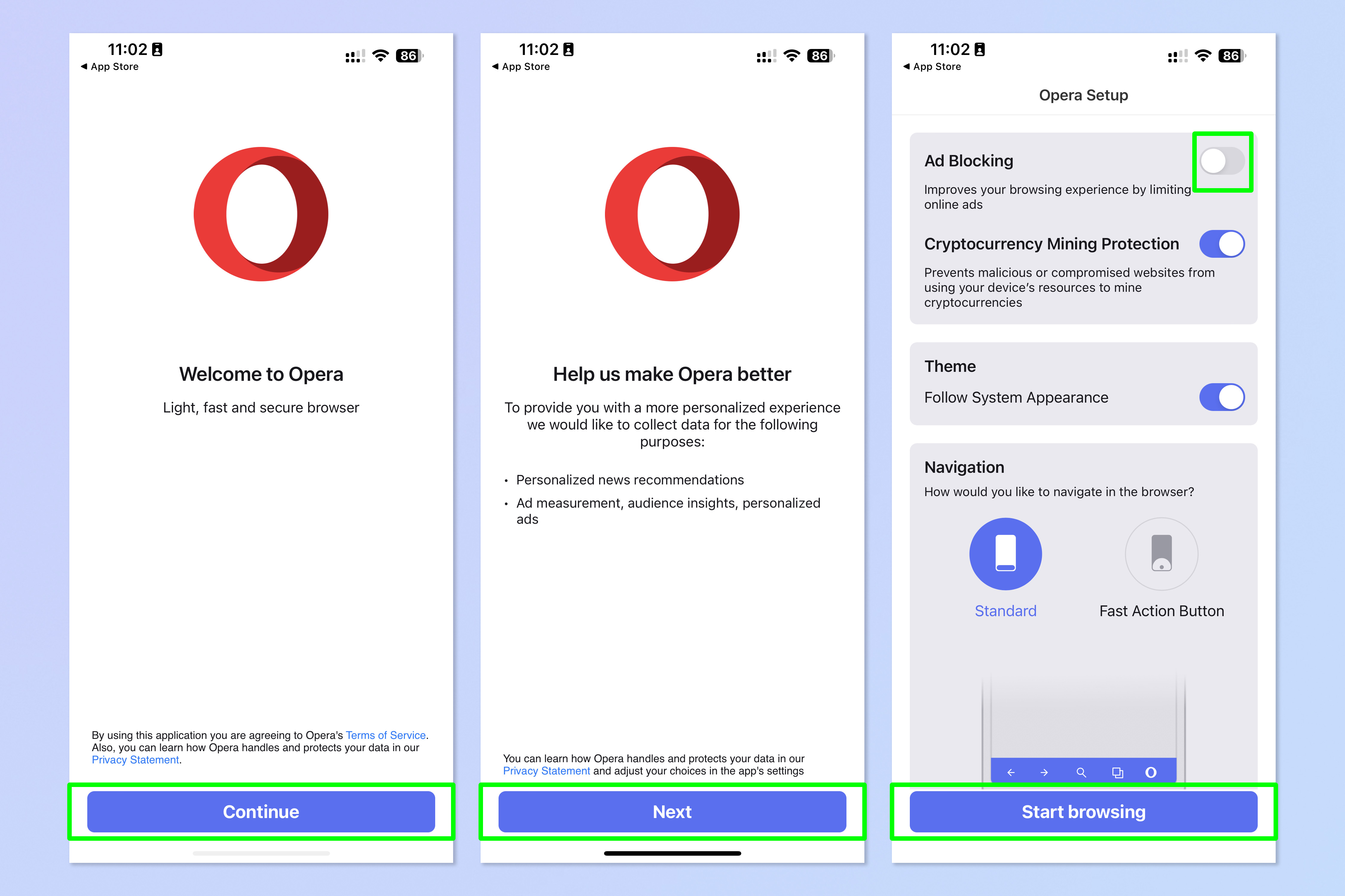 Скриншот, показывающий шаги, необходимые для бесплатной блокировки рекламы на iPhone с помощью Opera.