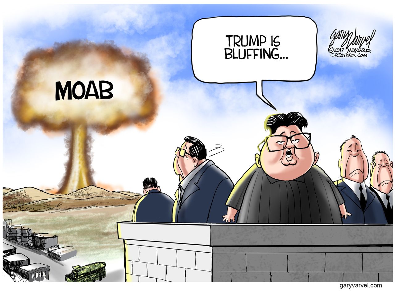 Political Cartoon U.S. Trump Kim Jong Un MOAB War